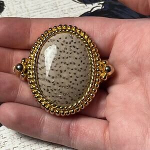 Vintage Gold Tone Petrified Wood Cabochon Stone Scarf Clip